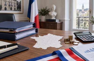 Документы местного бюджета, карта Франции и монеты евро