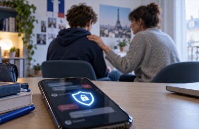 Телефон с символом цифровой защиты рядом с подростком и взрослым