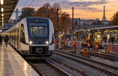 Поезд RER рядом с участком плановых путевых работ