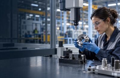Специалист проверяет промышленную деталь в лаборатории контроля качества