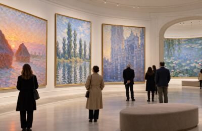 Посетители рассматривают картины Клода Моне в музейном зале